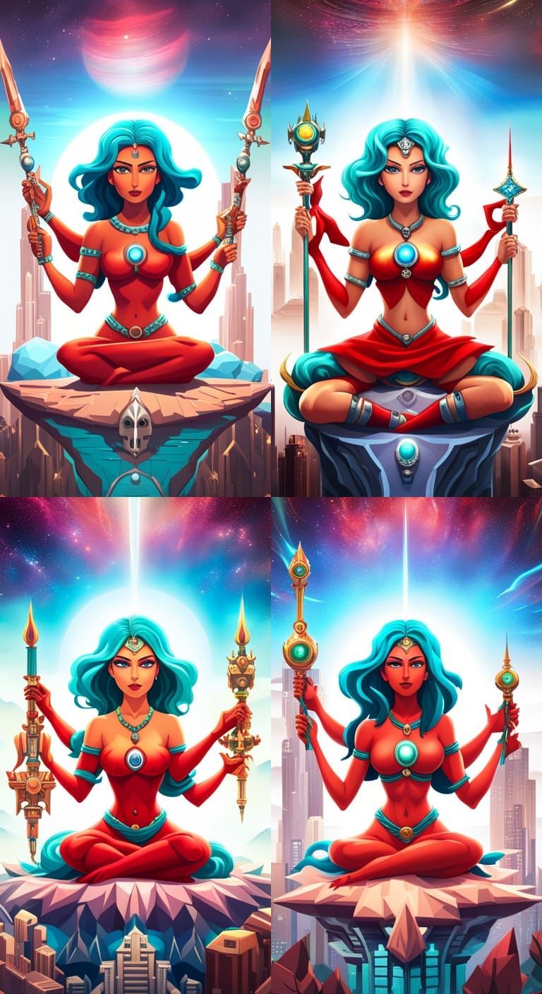 Gigantic Red Chibi Hindu Goddess Over Futuristic City