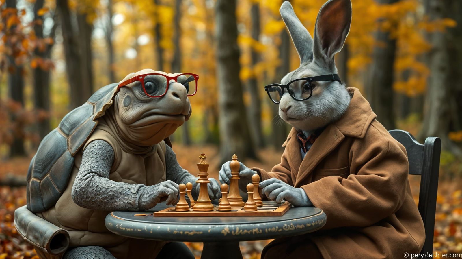Anthropomorphic Animals Play Chess in Autumn Forest