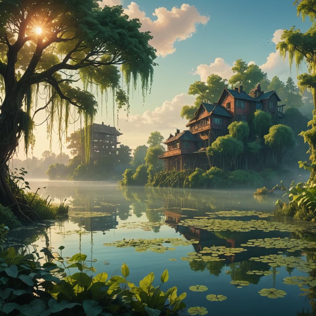 Lush Plant Buildings at Sunrise, a Digital Painting