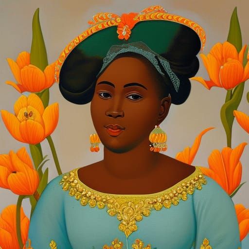 Haitian Woman with Orange Tulips: Rococo Art Nouveau Portrai...