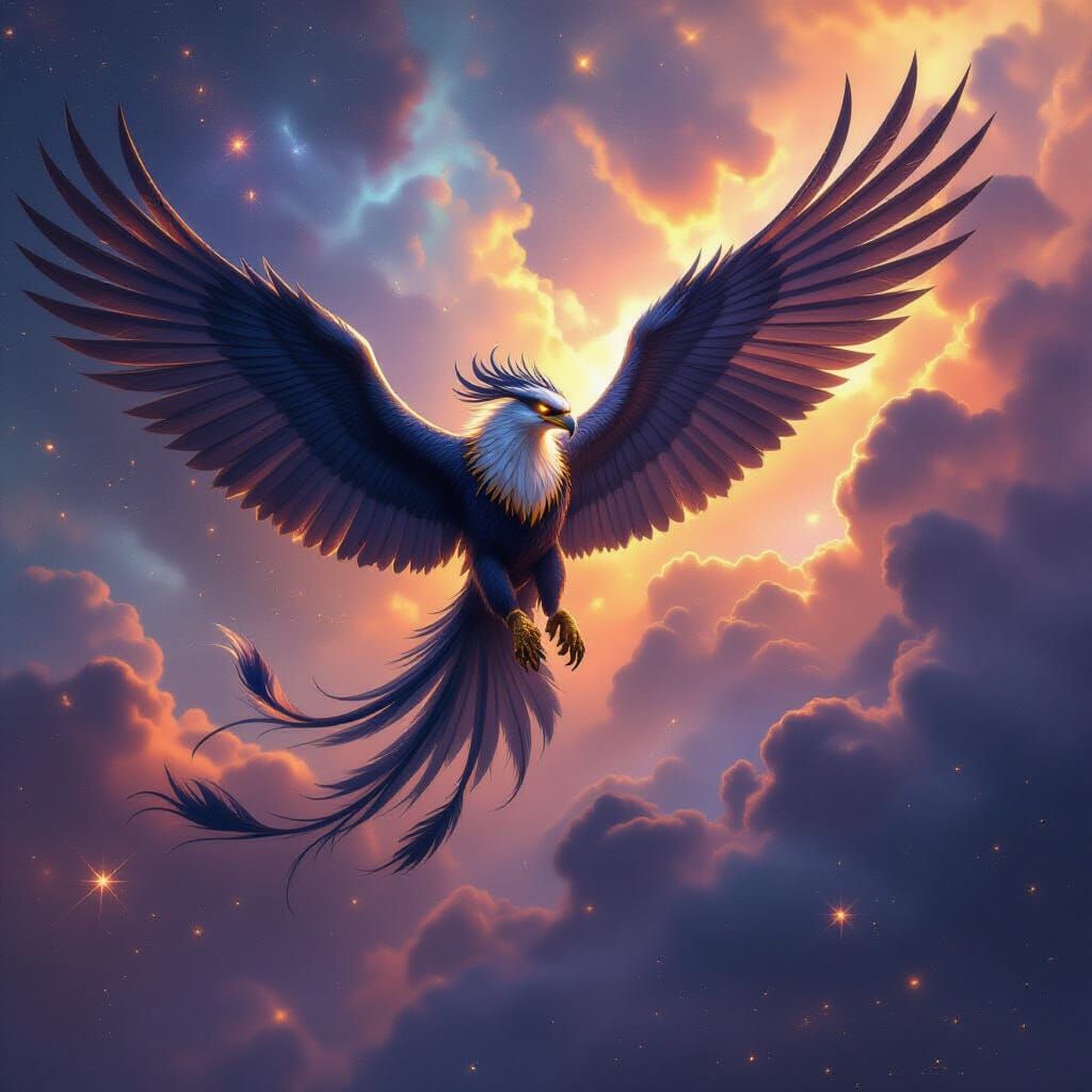 Gryphon Soaring Through Nebula in Fantasy Art