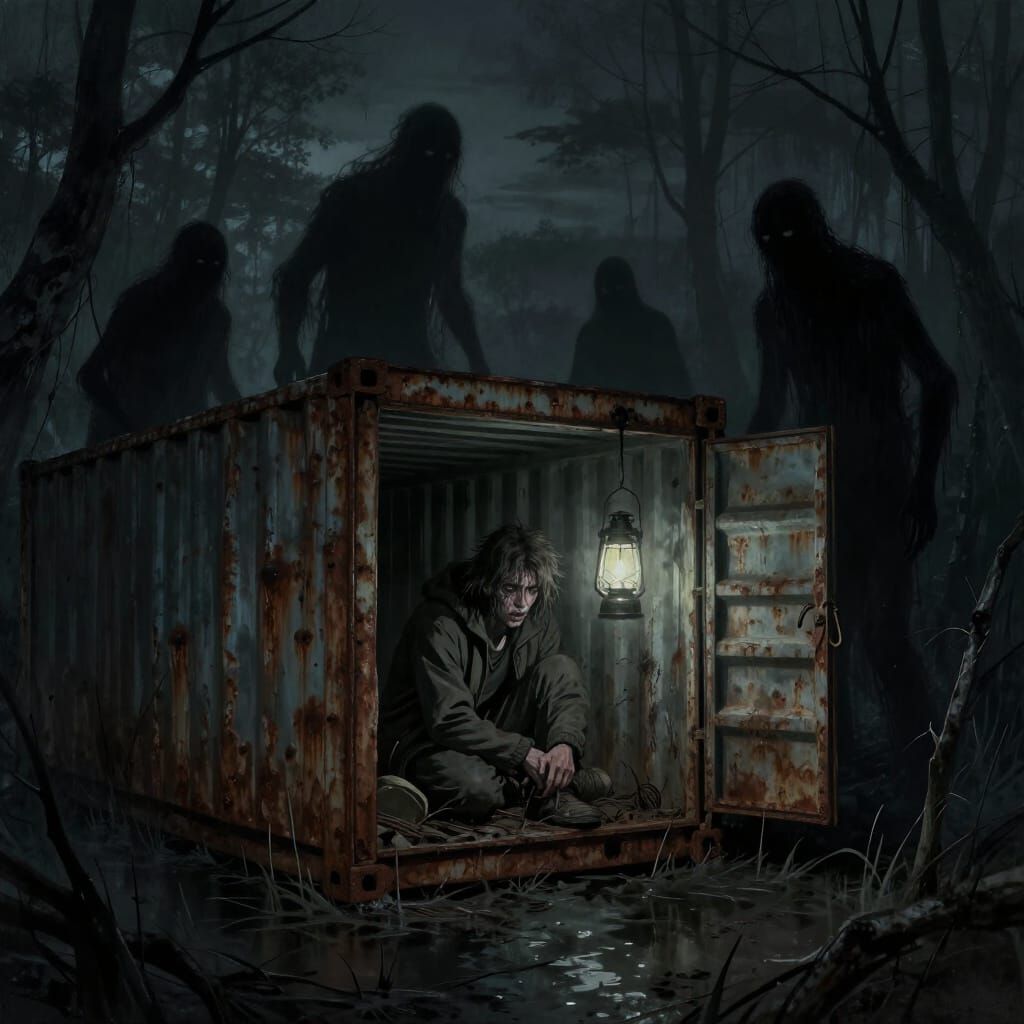 Shadow Beasts Loom Over Fisherman in Dark Swamp