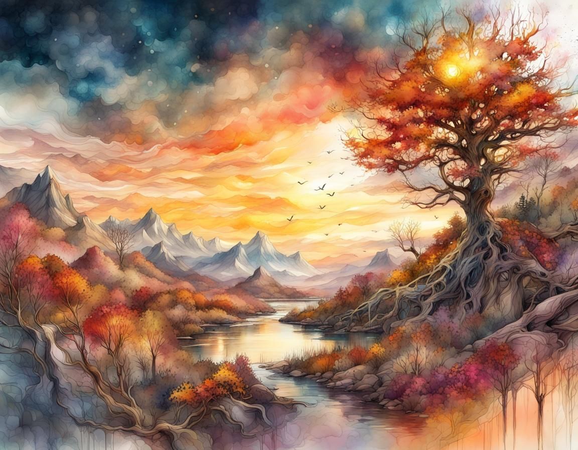 Autumn Sunset Landscape in Digital Watercolor Style