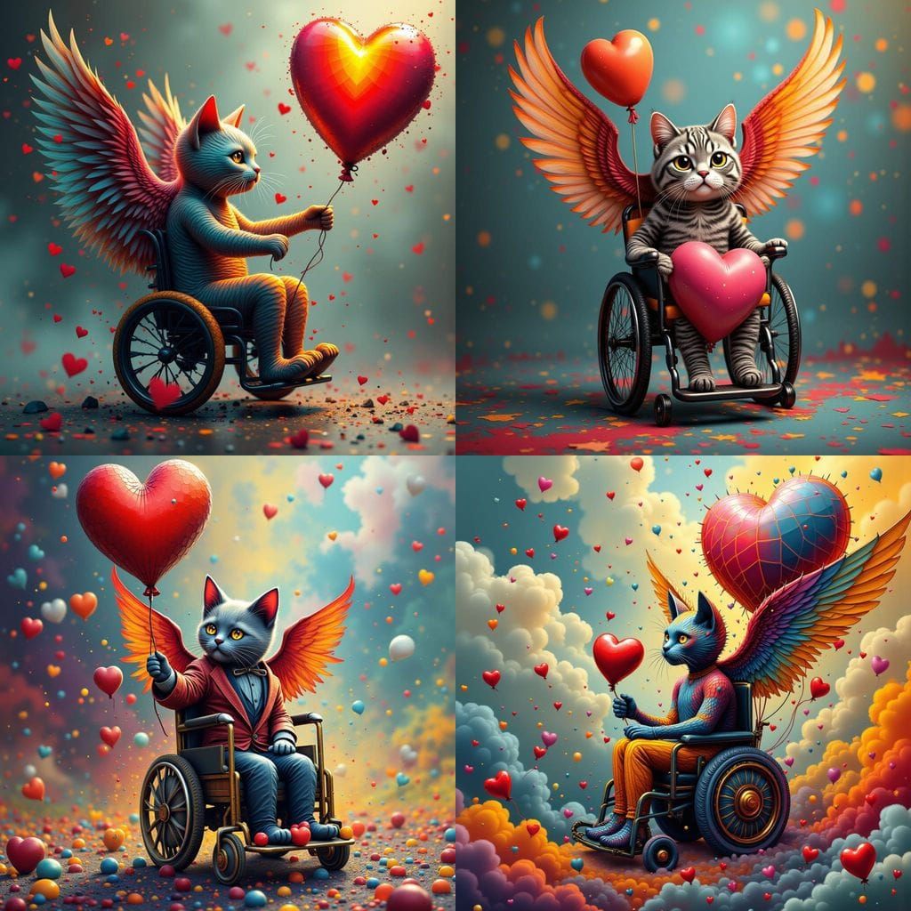 Fantastical Cat with Wings and Heart in a Whimsical Wheelcha...