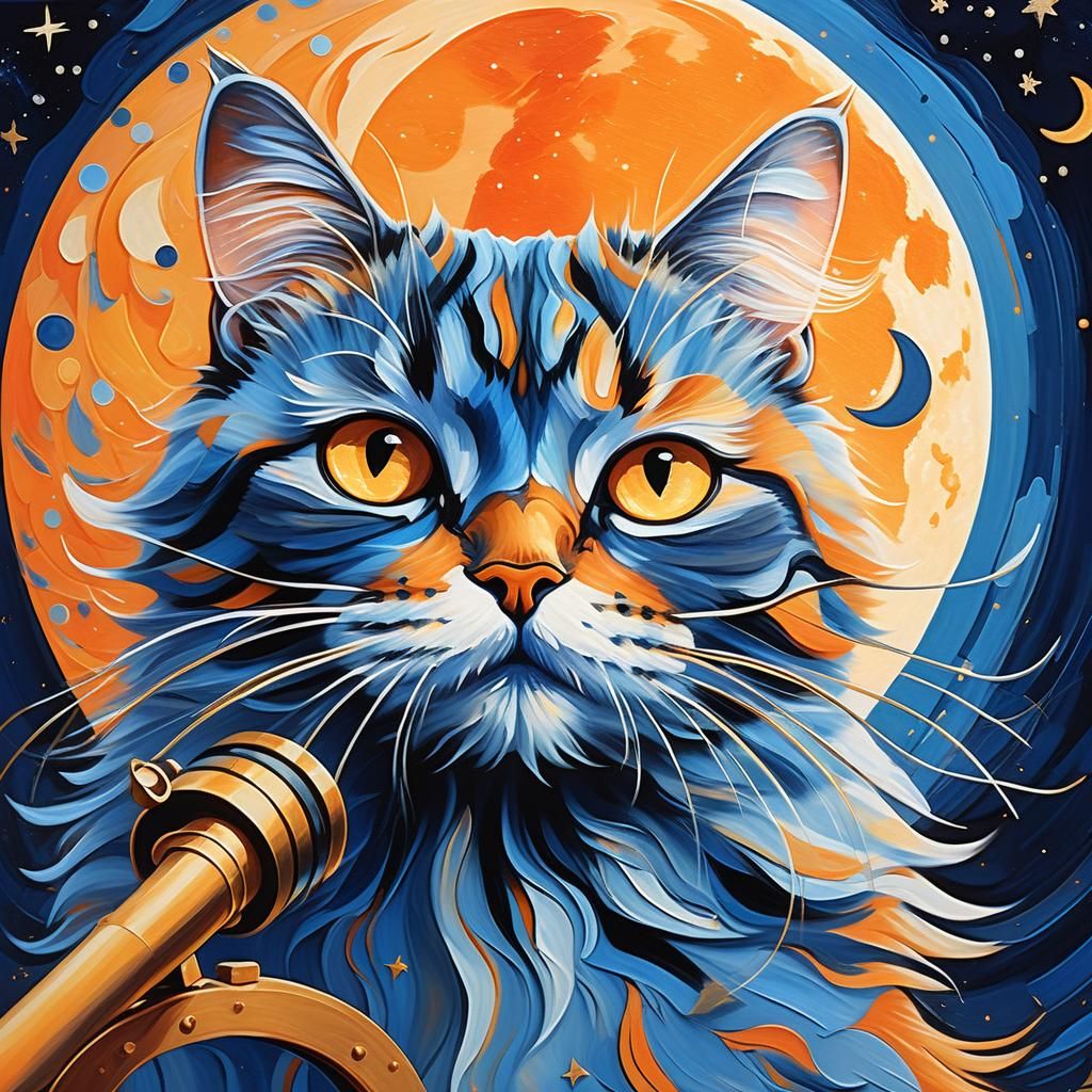 Cat Gazing at Moon in Whimsical Abstract Art