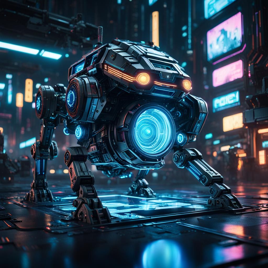 Cyberpunk Hologram Rises from Neon-Lit Hollow gram