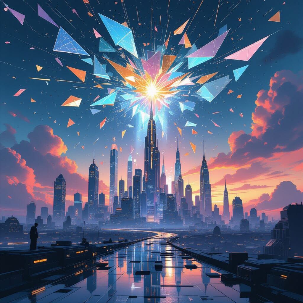 Fractured Sky Over Dreamlike Cityscape