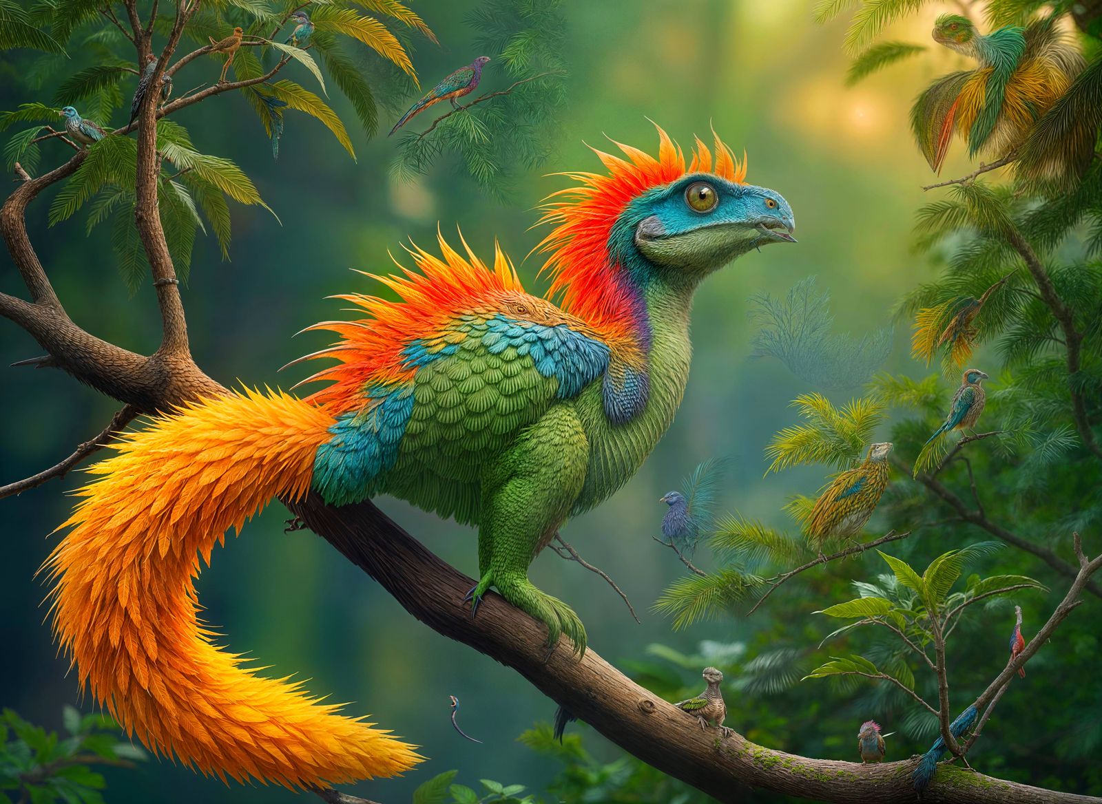 Feathered Dinosaur on Branch in Detailed Illustration