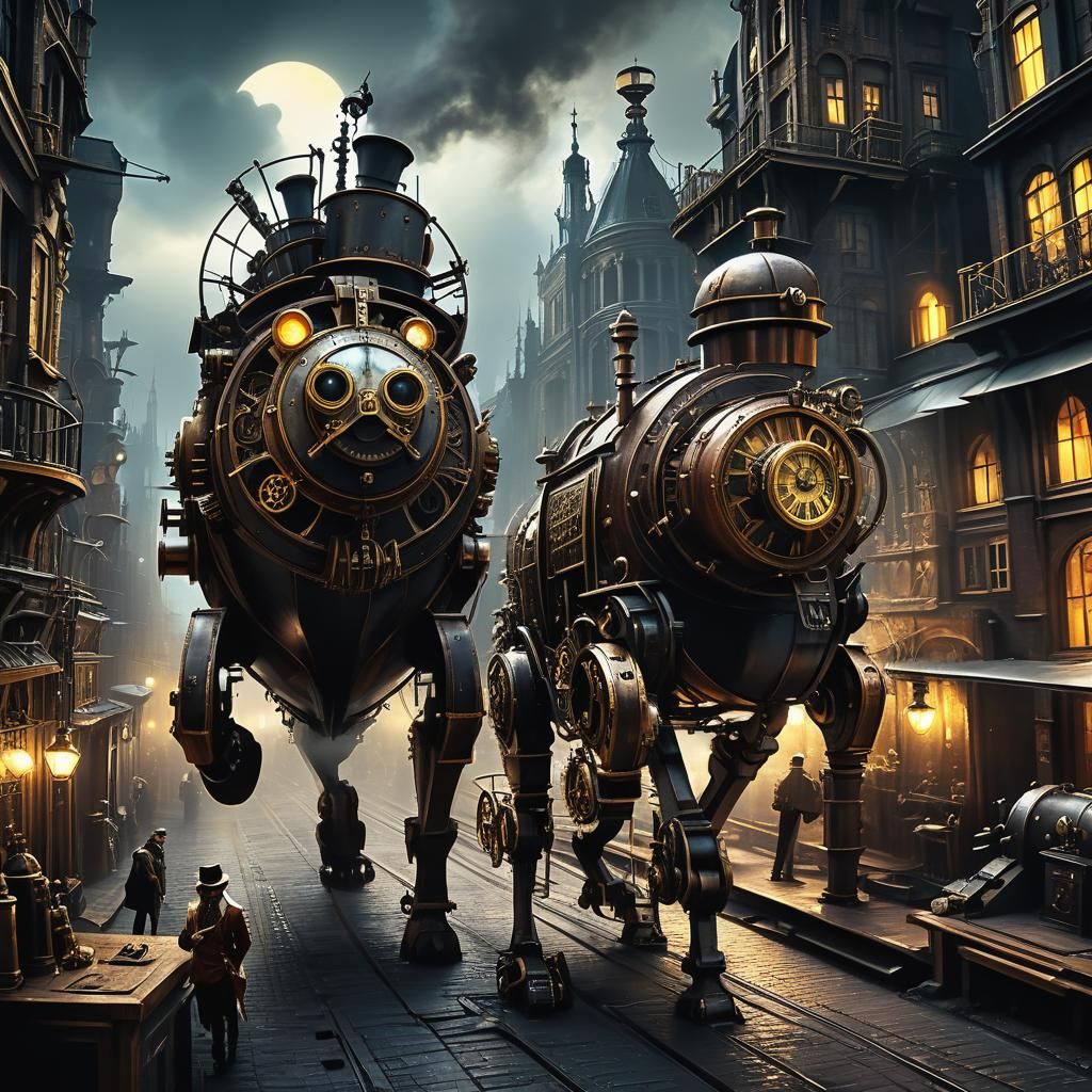 Steampunk Cityscape with Clockwork Dog and Girl