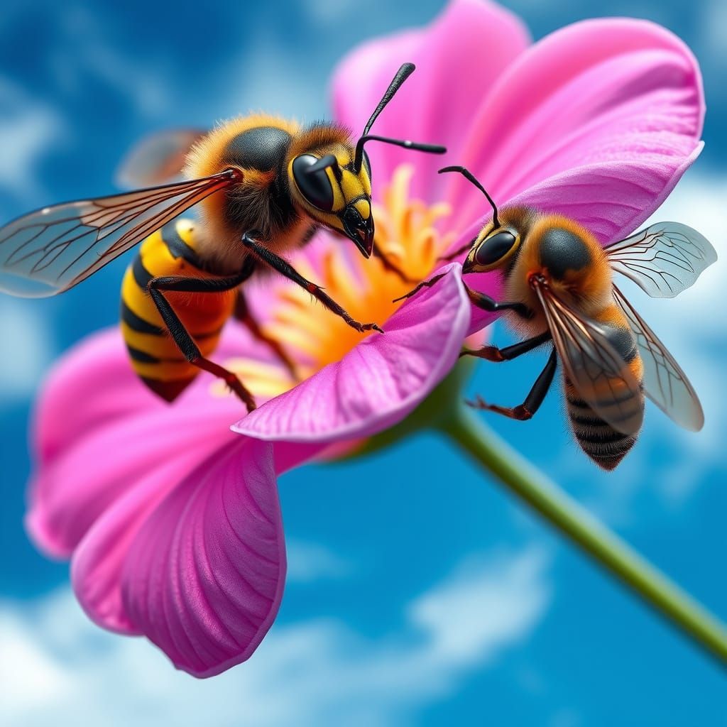 Hyper Realistic Wasp and Bee Battle Over Iridescent Flower