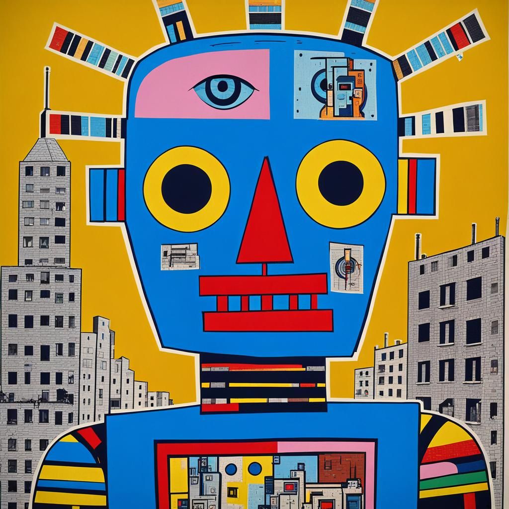 Cyborg Robot in Pop Art Style Industrial Landscape