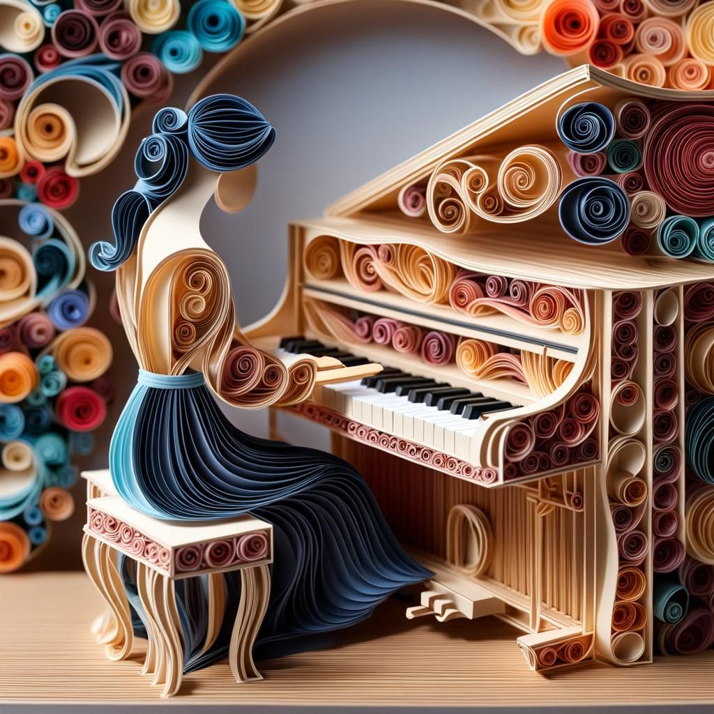 Woman Playing Piano with Quilling Papercraft