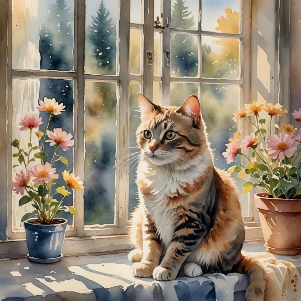 Whimsical Watercolor Cat on Windowsill in Sunlight