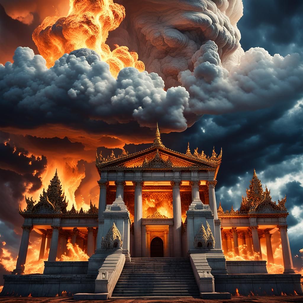 Heaven's Fury: Temple Ablaze in Apocalyptic Landscape