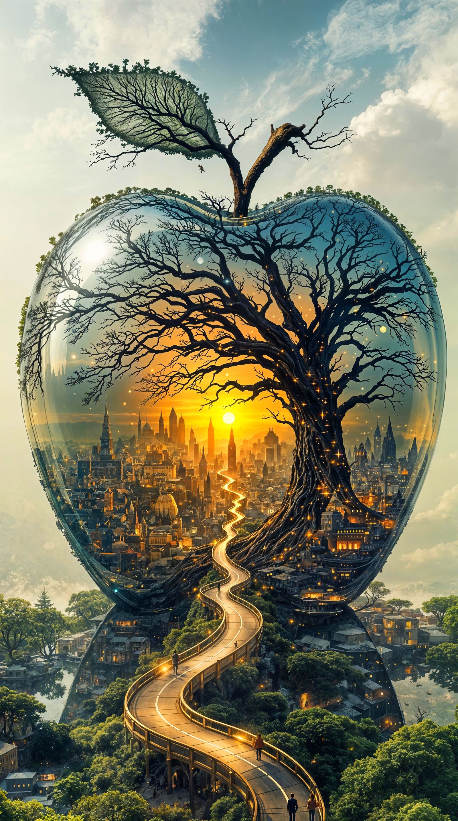 Cosmic Apple Odyssey in Vibrant, Cyberpunk Hues