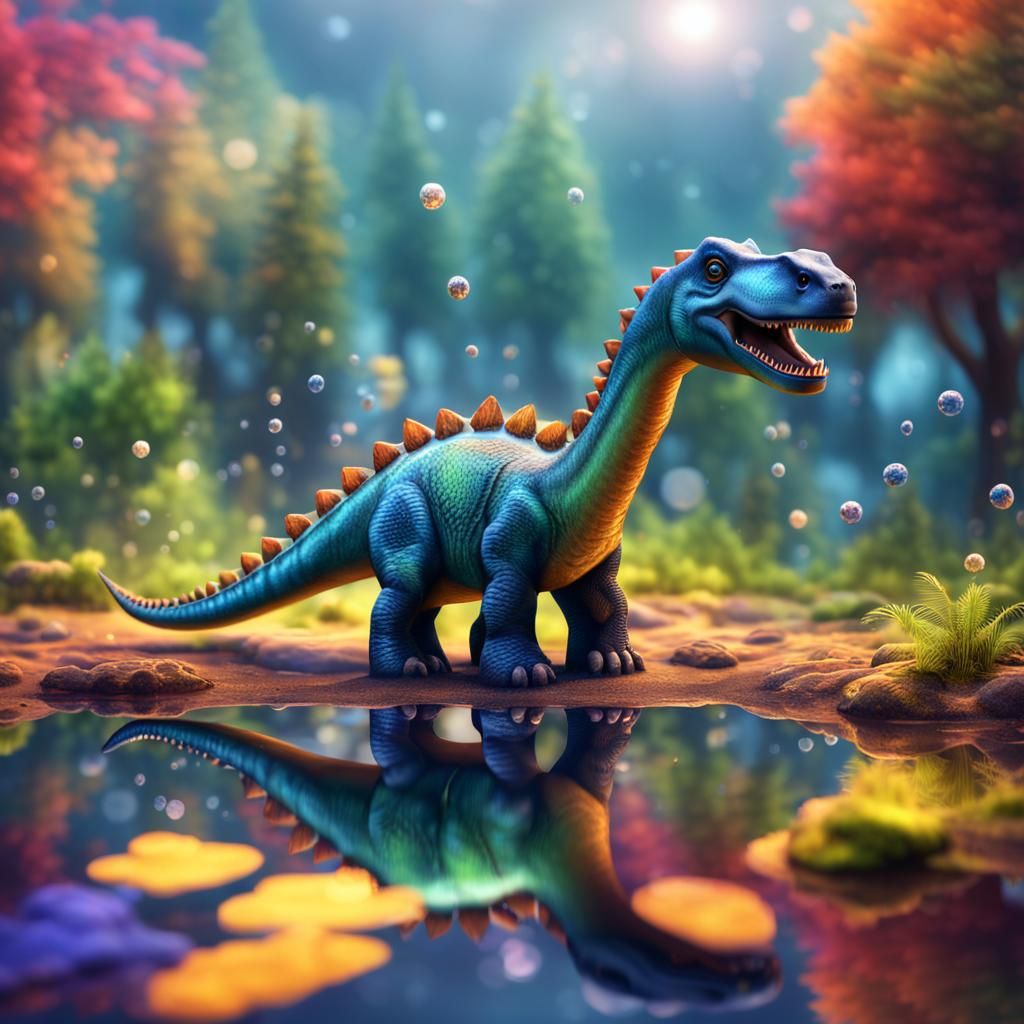 Colourful Diplodocus Baby in Nature Reflection