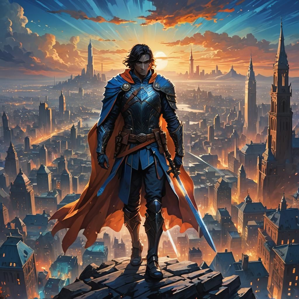 Hero with Sword in Cityscape Oil Painting