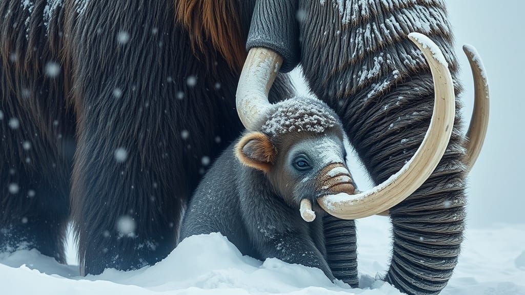 Majestic Woolly Mammoths in Snowy Blizzard: Digital Painting