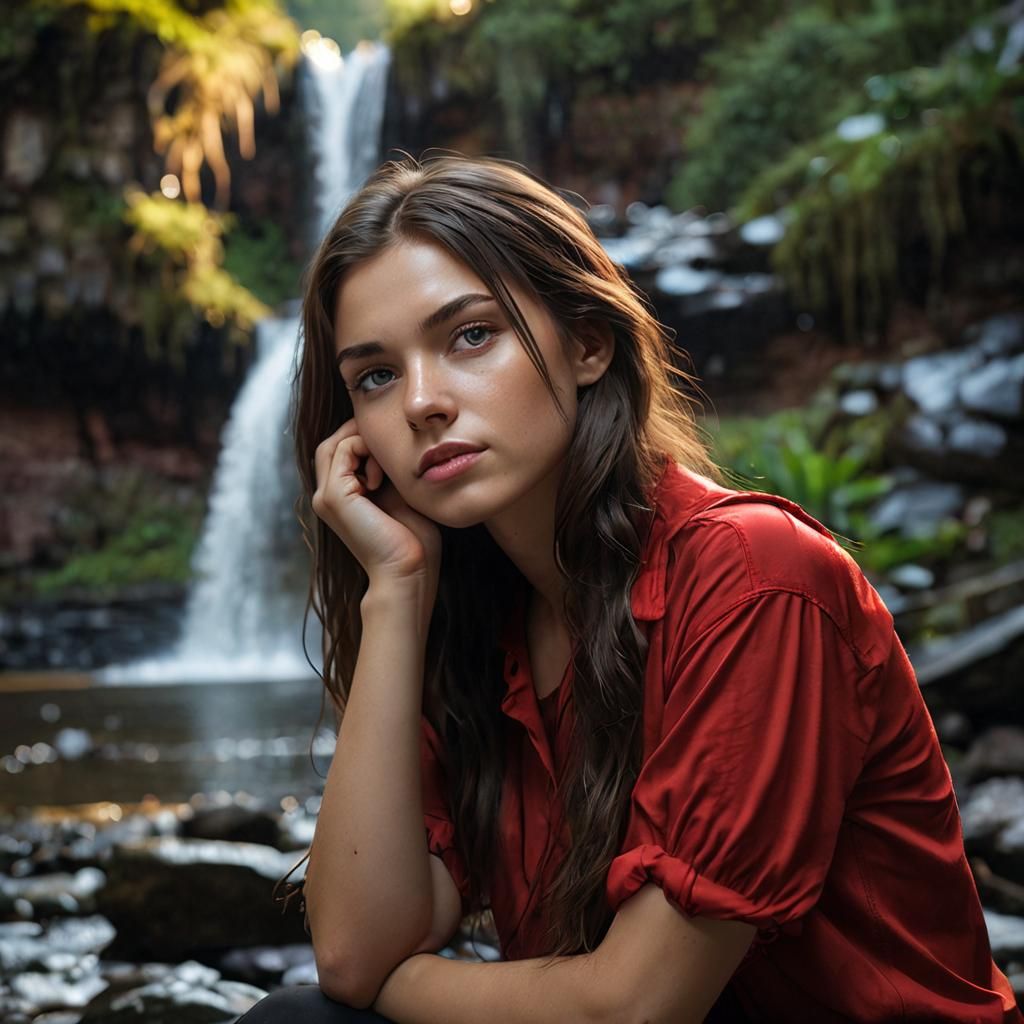 Girl in Red Shirt in Magical Autumn Forest
