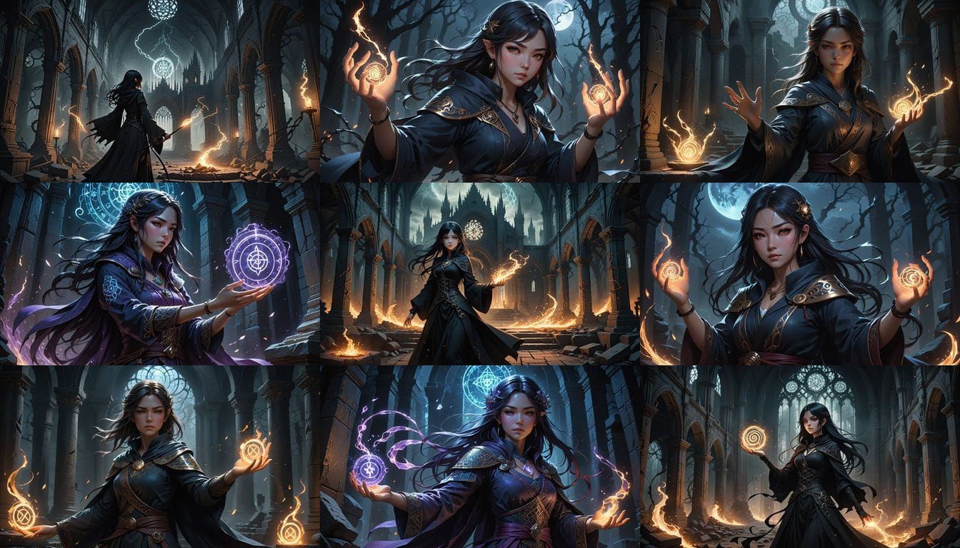 Anime Mage Girl Casting Magic in Dark Fantasy Style