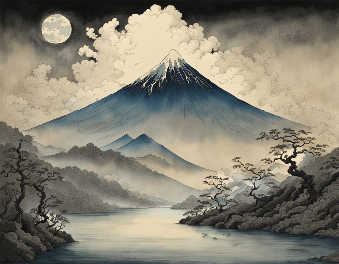 Mount Fuji Rising from a Turbulent Ukiyo-e Landscape