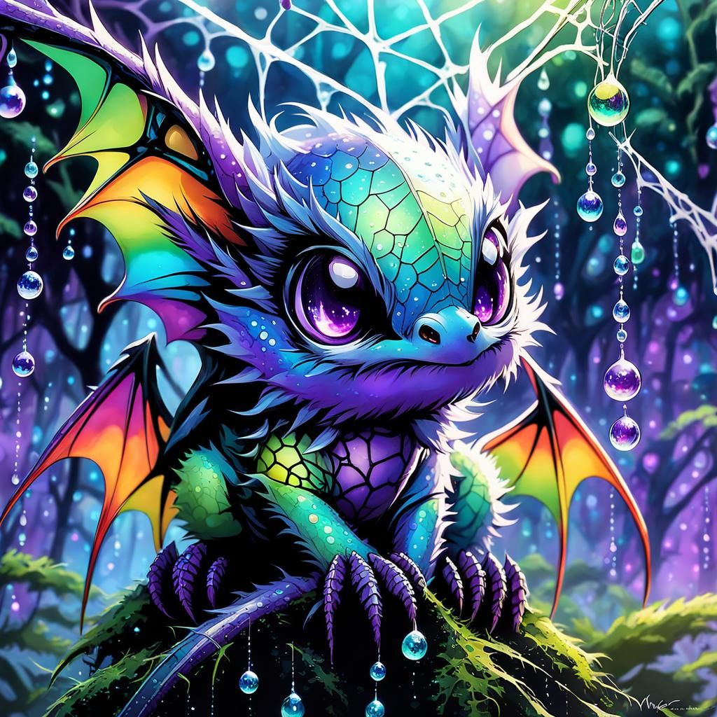 Cute Chibi Dragon on Spiderweb in Forest