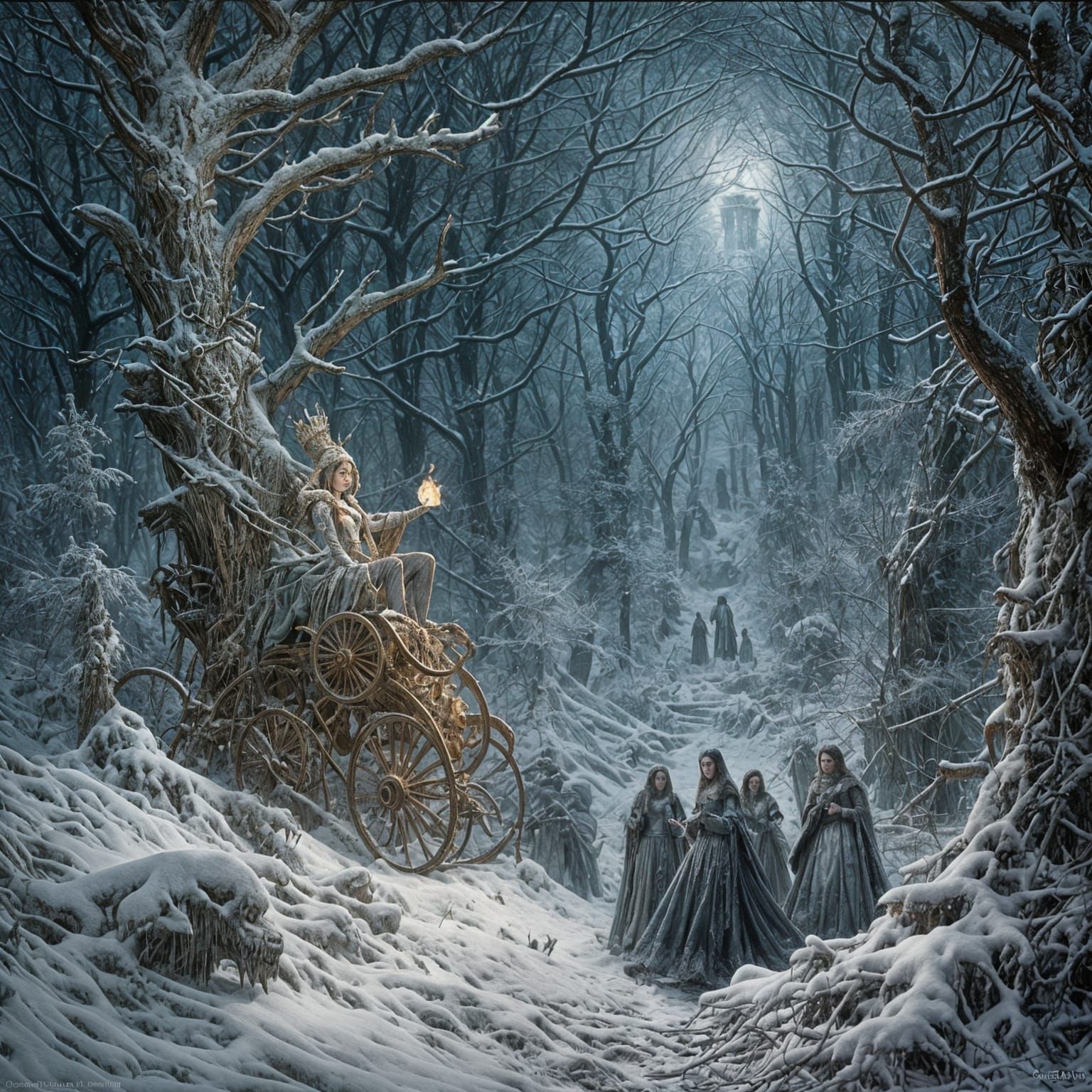 Hyperreal Snow Queen in Horror Engraving Style