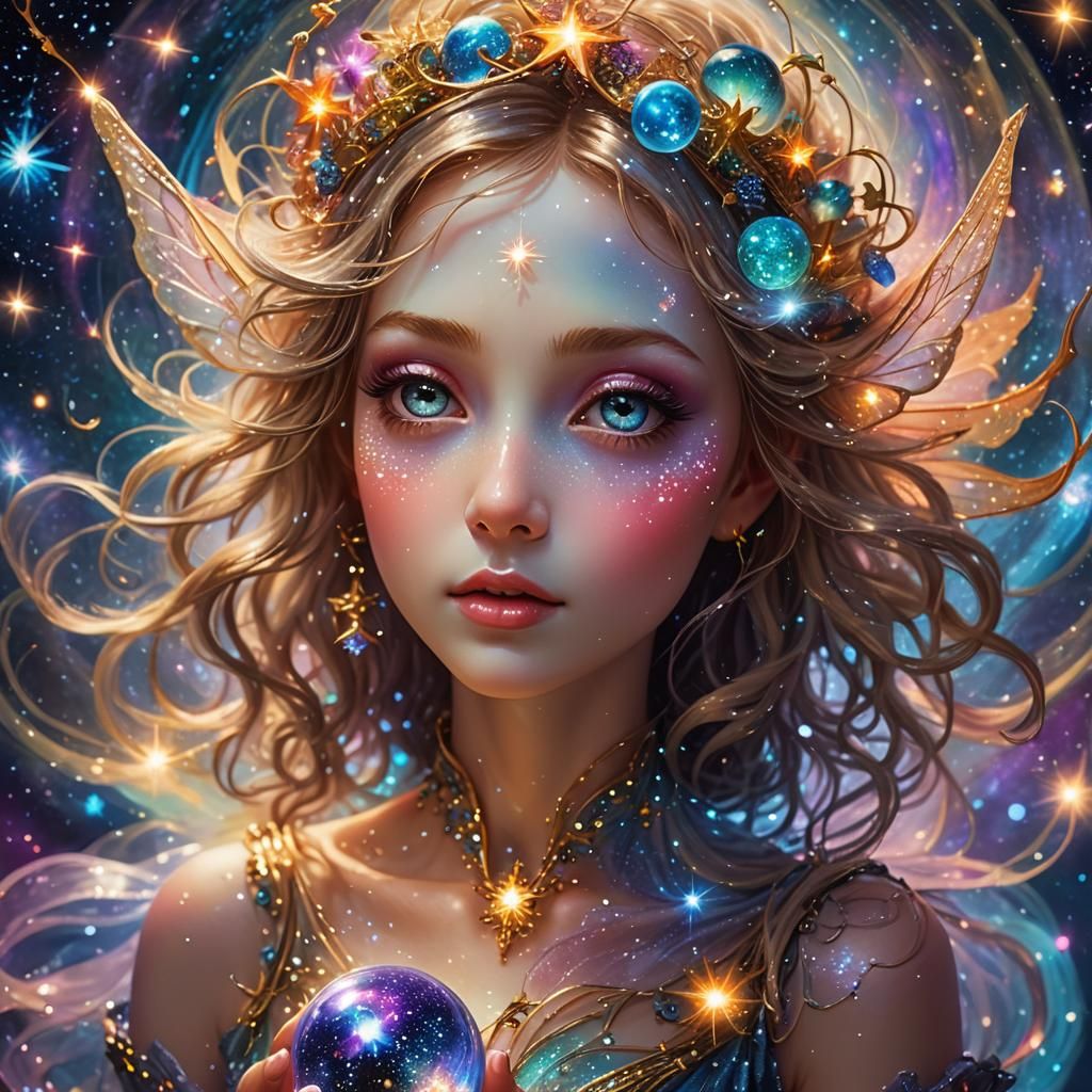 Stardust Fairy Spins Glass Orb in Surreal Galaxy