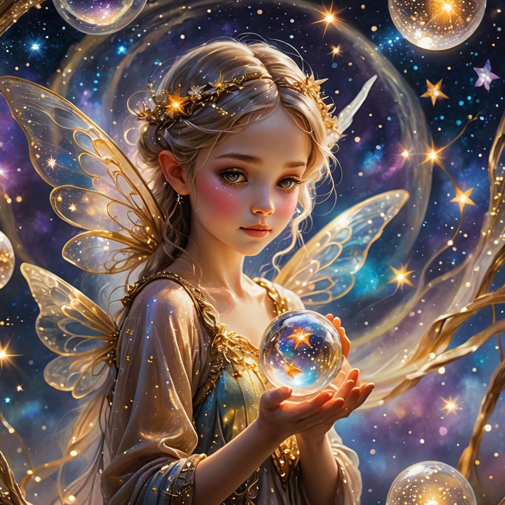 Fairy Holding Galaxy Orb: Ethereal Oil Painting