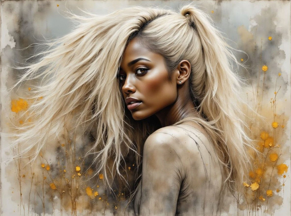 Platinum Blonde with Horse in Oil and Ink