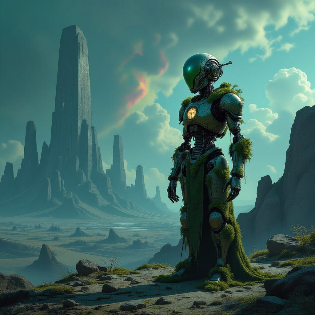 Clockwork Automaton on Alien Planet in Biomechanical Style