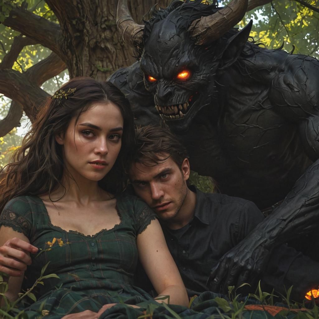 Dark Fantasy Demon Watches Picnic in Meadow