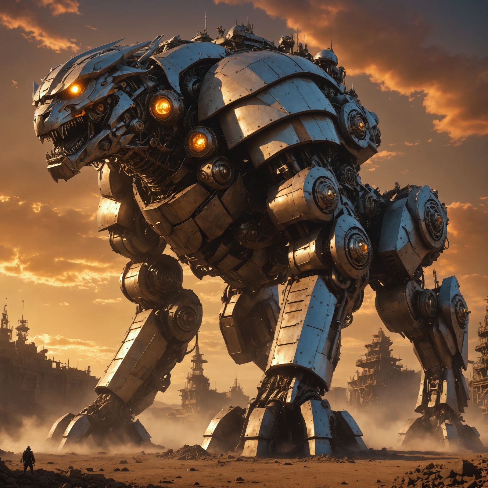 Steel Guardian: Colossal Mech in Post-Apocalyptic Wasteland