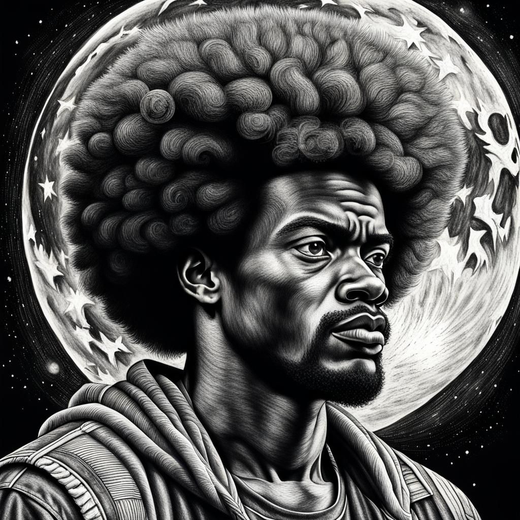 Detailed Charcoal Drawing of Man Gazing at Moon