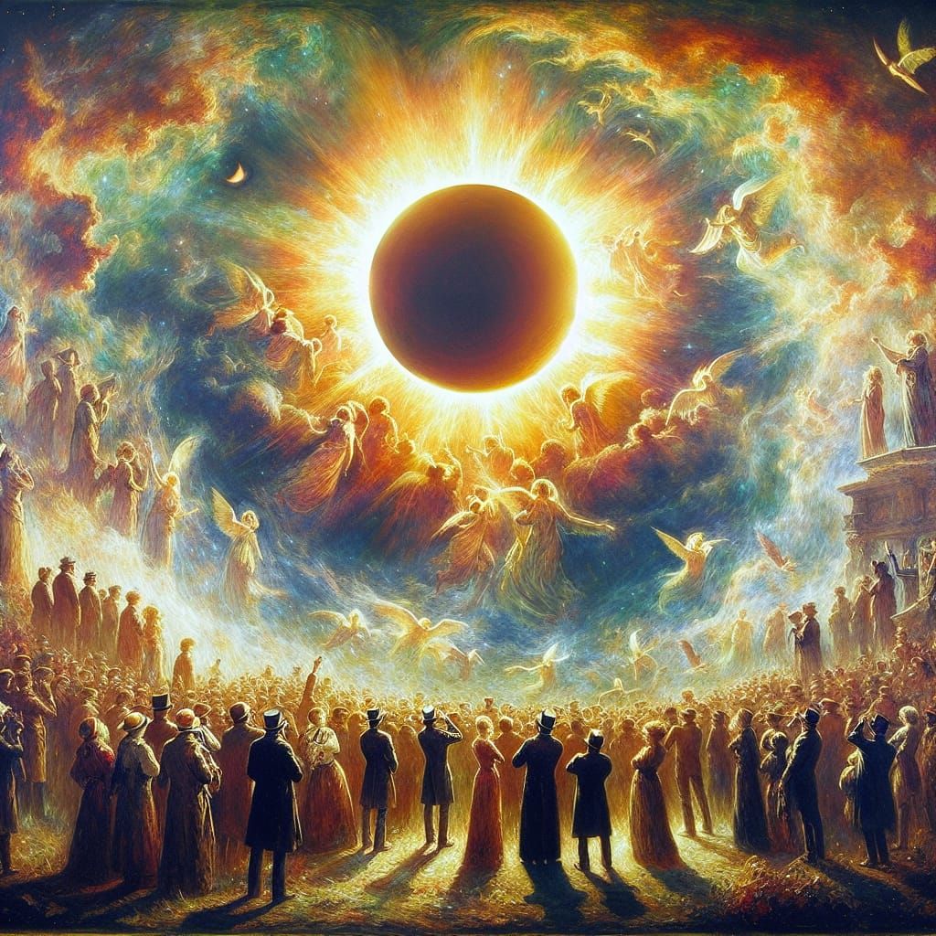 Vivid Oil Painting of People Gazing at Solar Eclipse