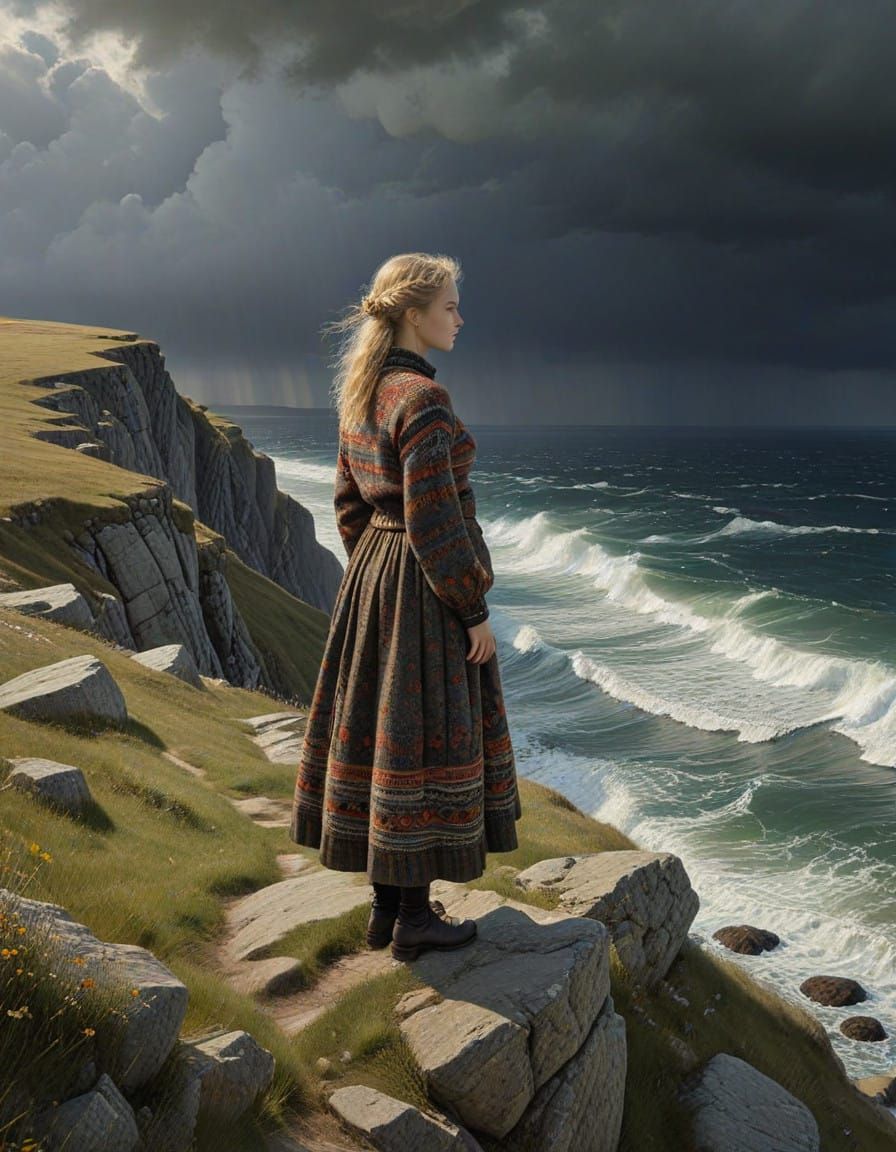 Girl on Steep Bank Sees Stormy Sea in Golden Light