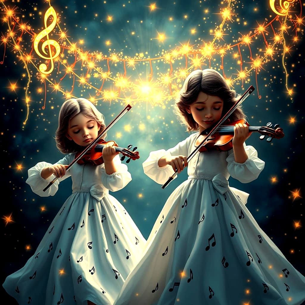 Surreal Twin Violinists Amidst Celestial Music