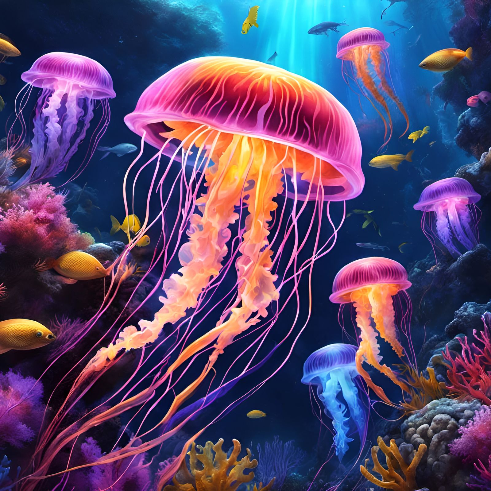 Bioluminescent Jellyfish and Colorful Coral Reef