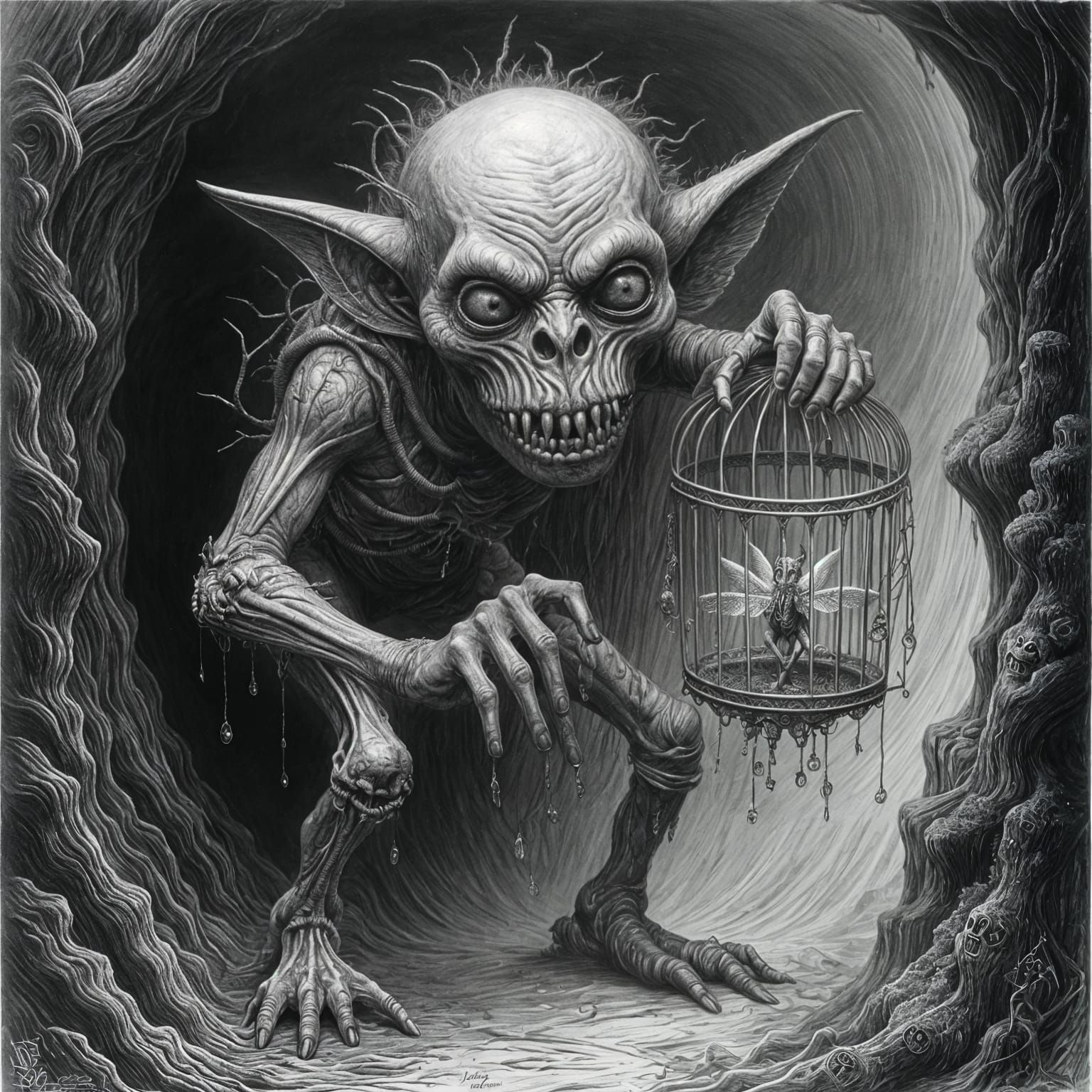 Grotesque Bone Troll Captures Fairy: Surreal Charcoal Art