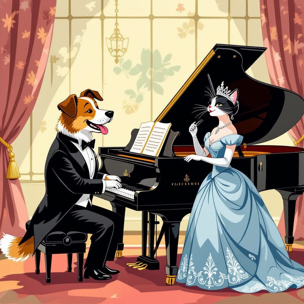 Dog Plays Piano, Cat Sings Opera in Whimsical Illustration