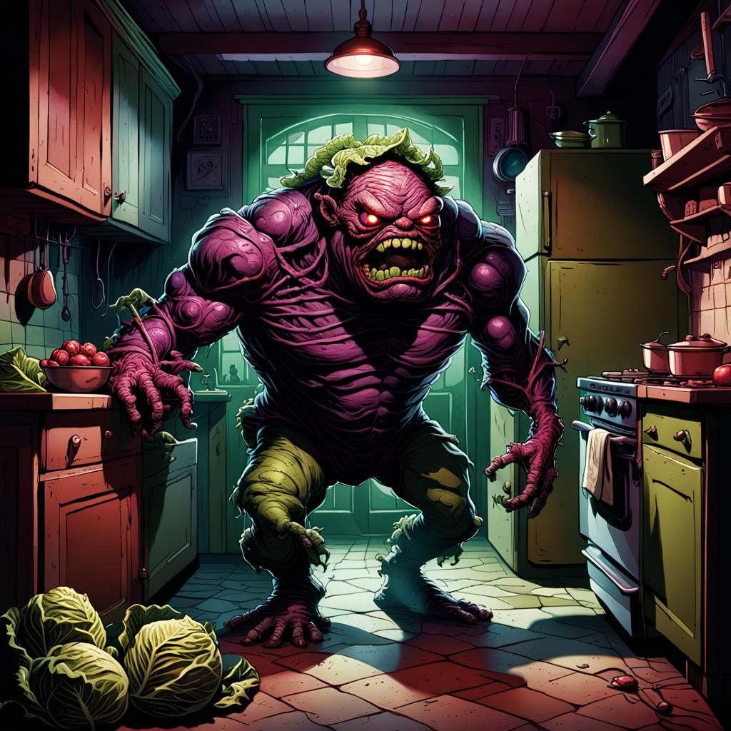 Red Cabbage Monster in Comic Book Horror Style