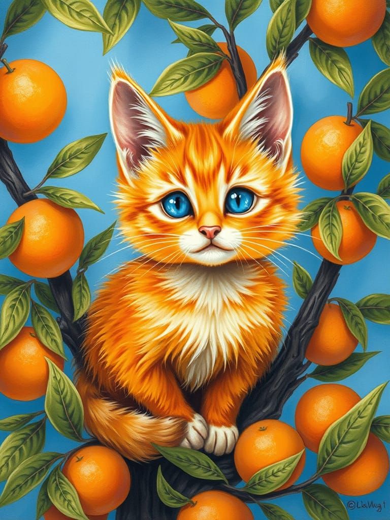 Whimsical Orange Feline Amidst Vibrant Orange Tree