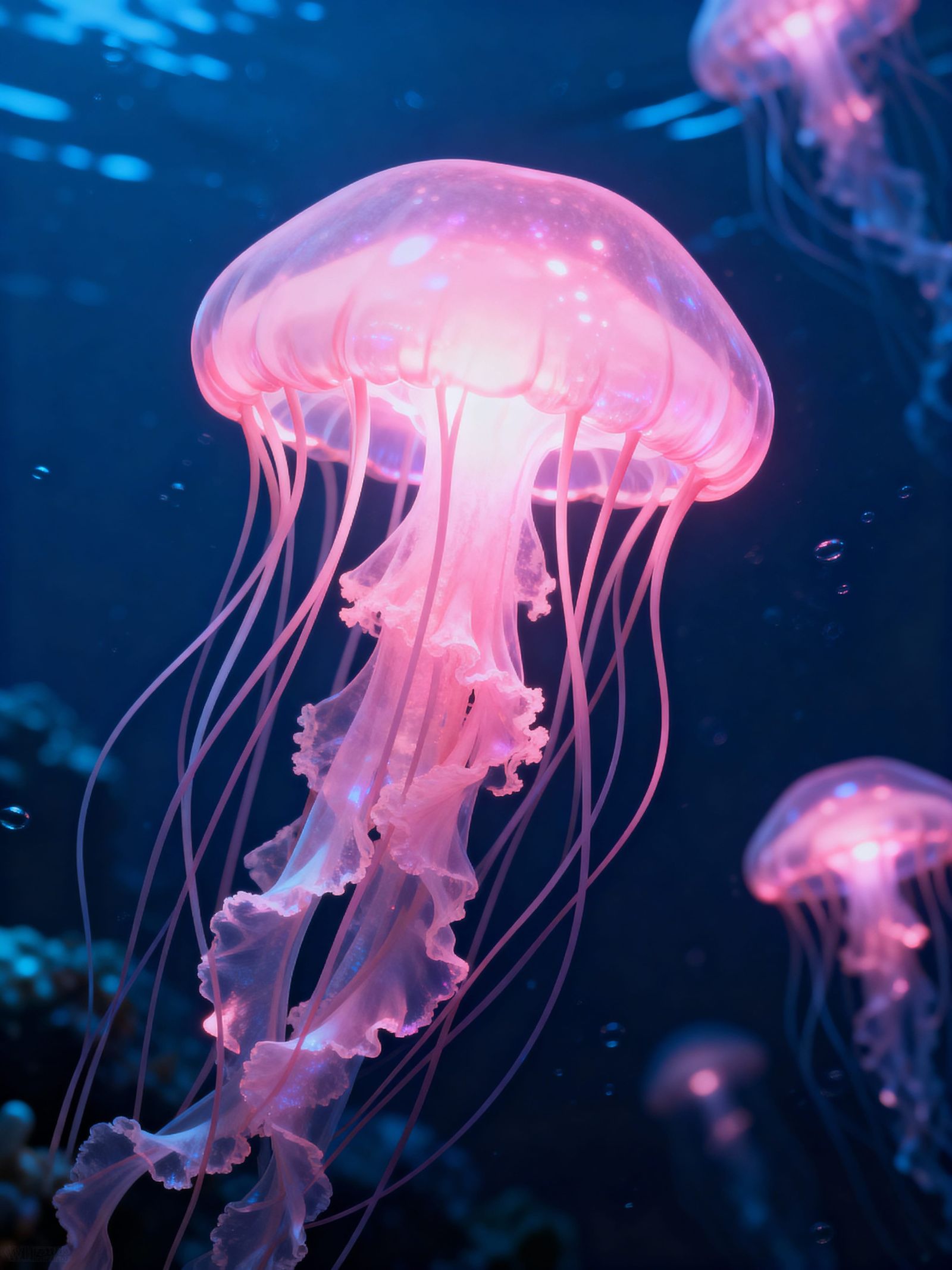 Glowing Pink Jellyfish in Dark Blue Abyss, 3D Anime Art