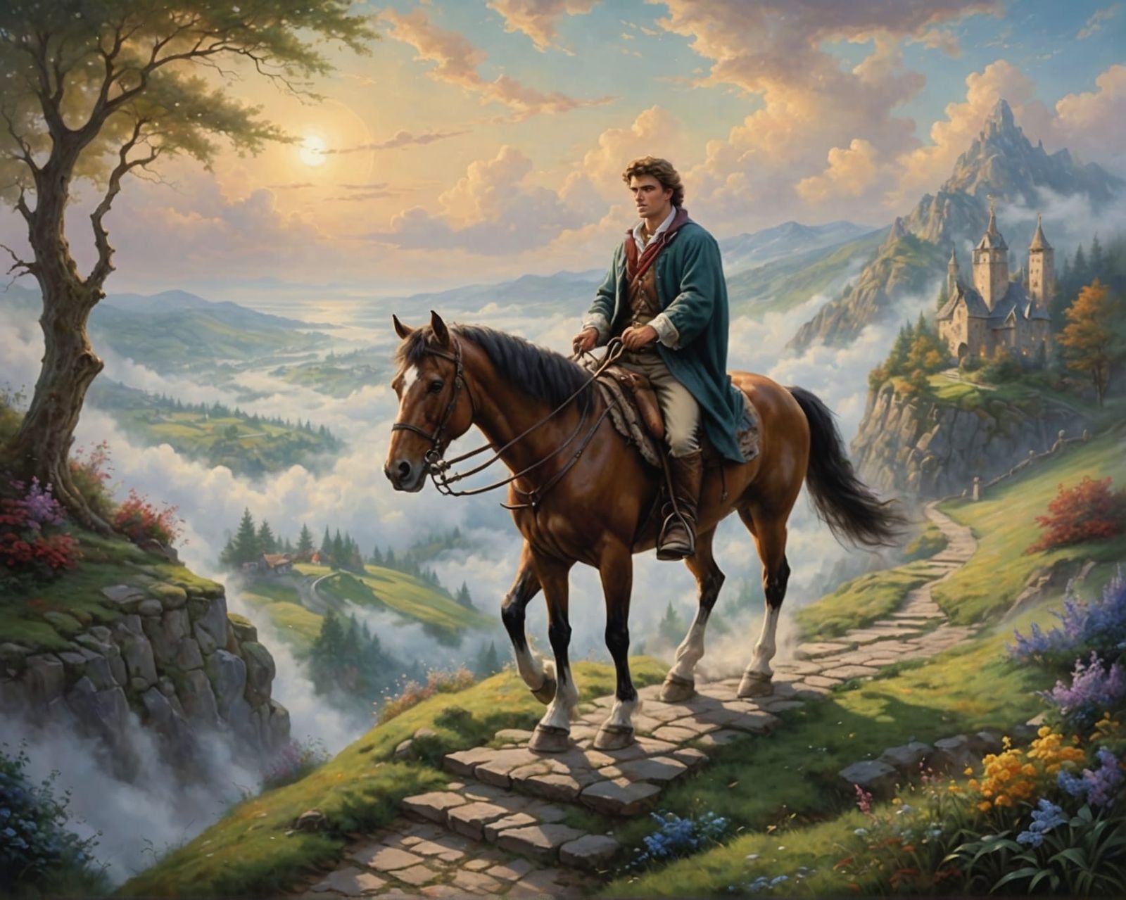 Ethereal Rider on Cloudy Path: Oil Painting