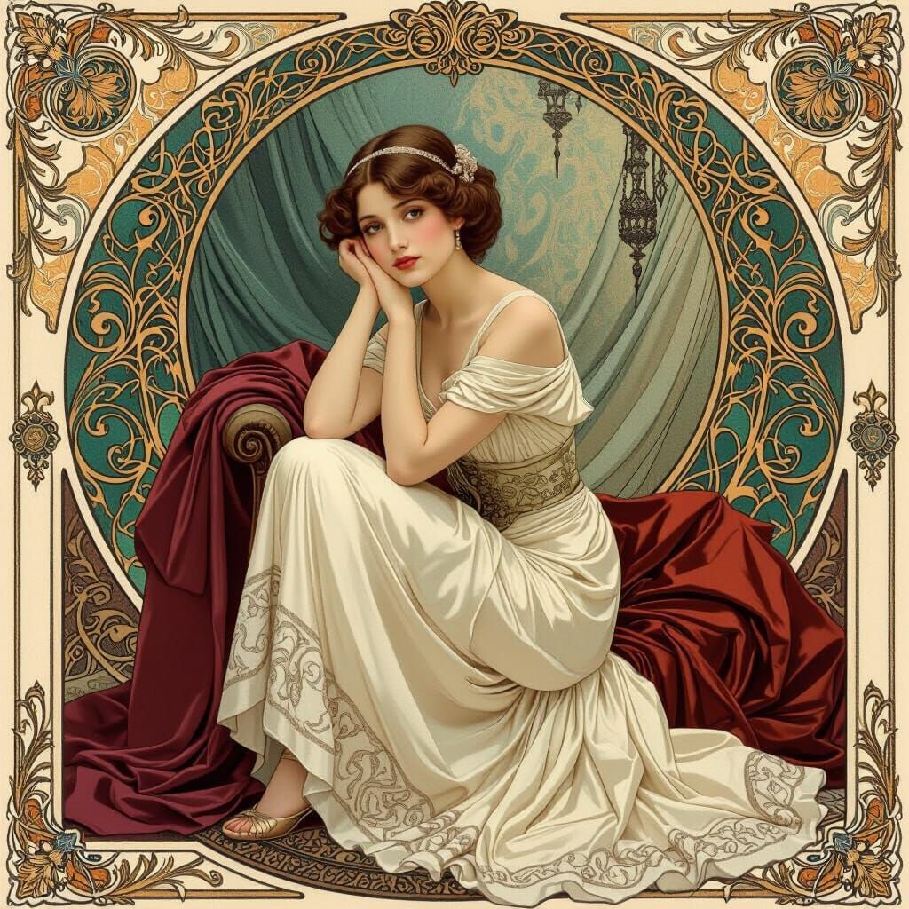Elegant Model in Alphonse Mucha Style Studio