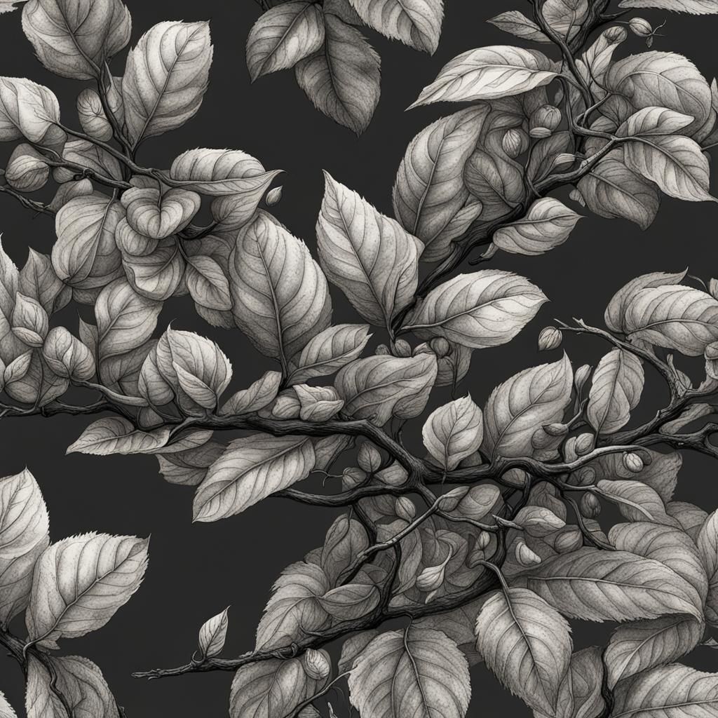 Botanical Ink Drawing of Apple Tree Branch