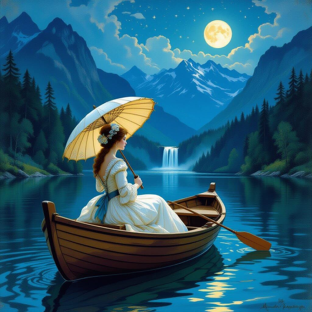 Renaissance Woman Sailing Serene River, Impressionistic Styl...
