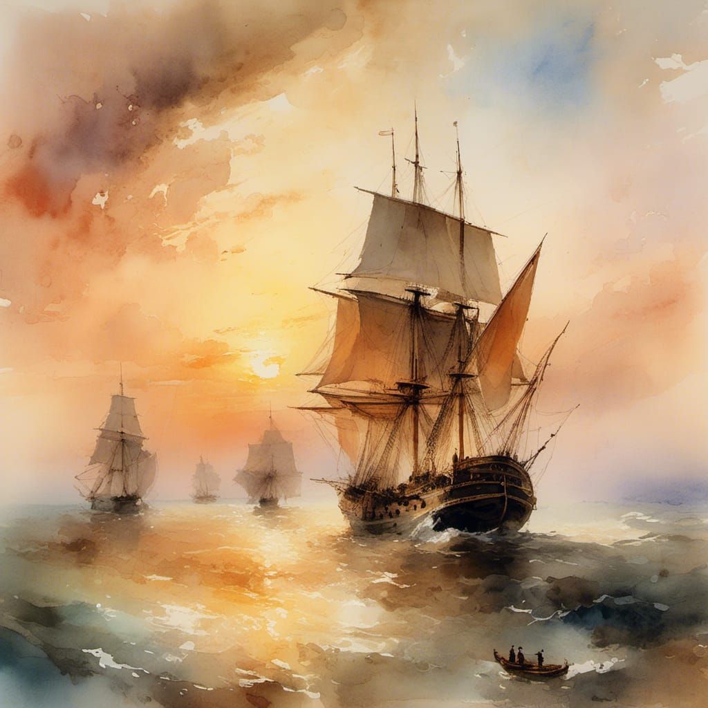 Watercolor Sunset Over Sea with Sailing Ships