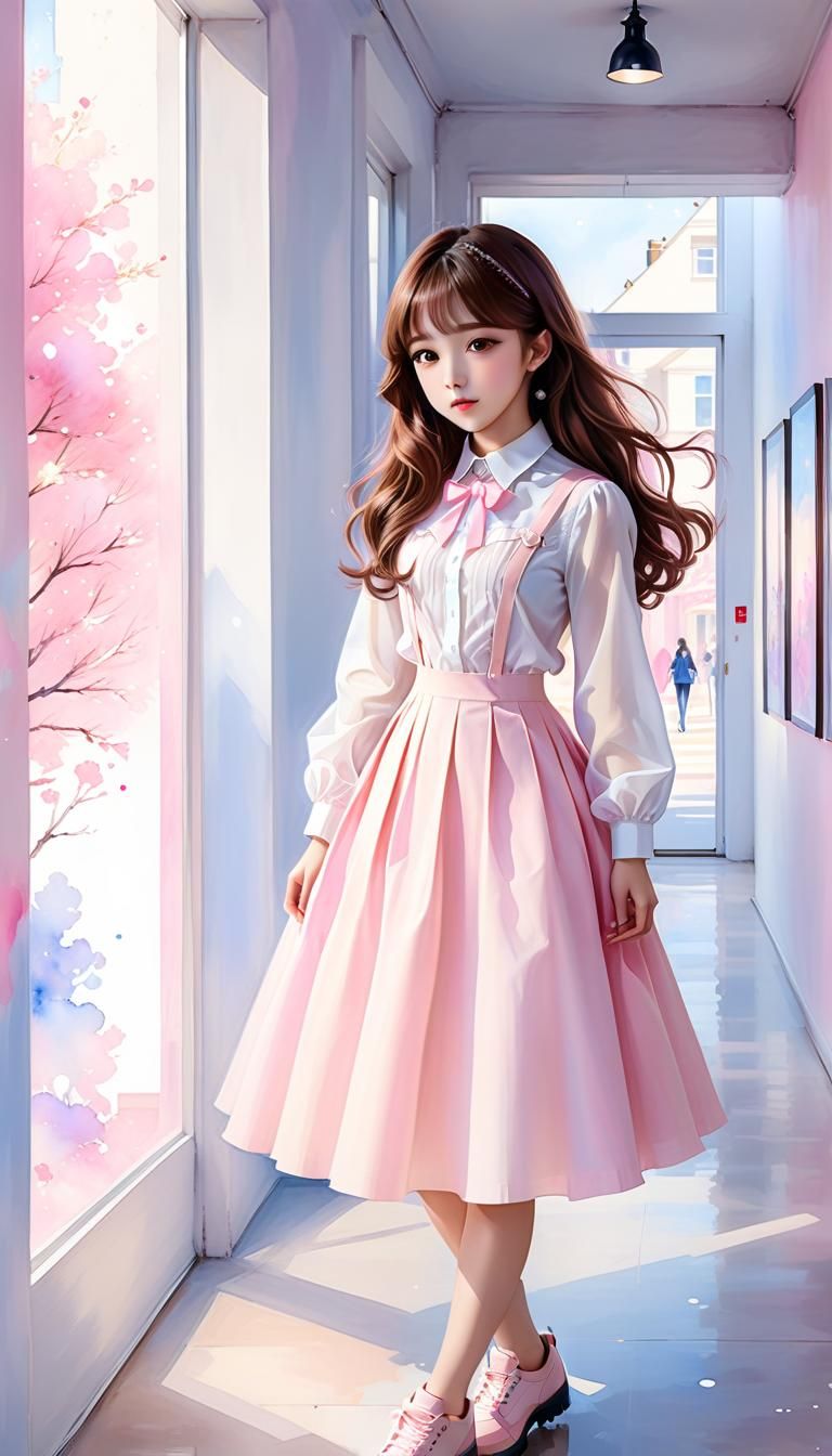 Korean Woman in Pastel Pink Fashion, Watercolor Painting