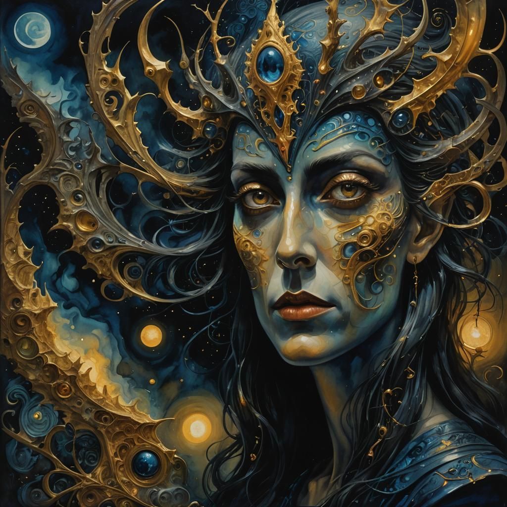 Surreal Dark Fantasy Painting with Golden Highlights